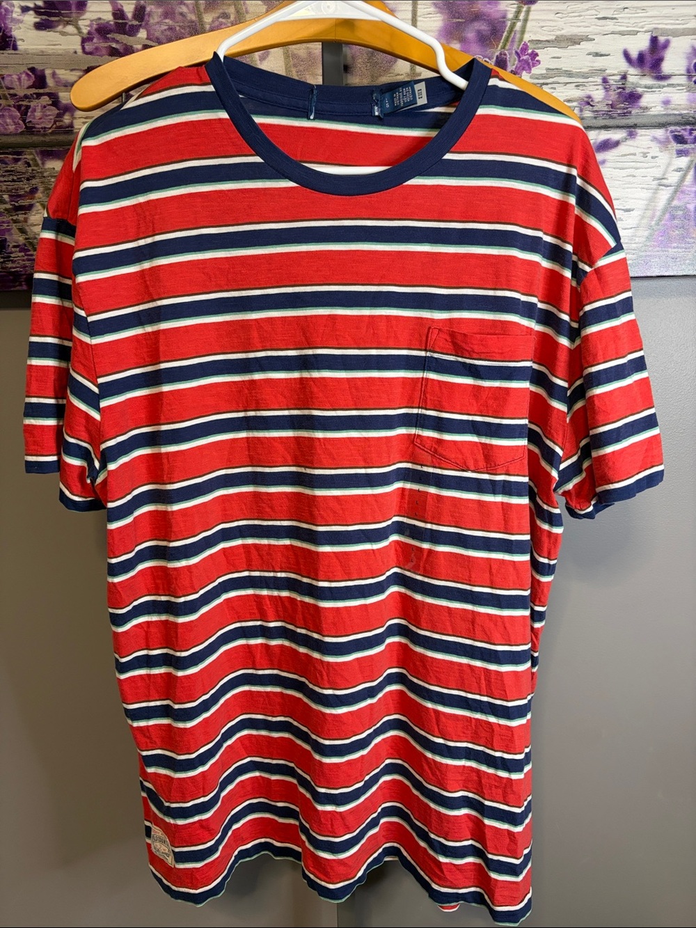 Men’s Polo Country Ralph Lauren Red and Blue Striped Pocket Tee Shirt NWOT